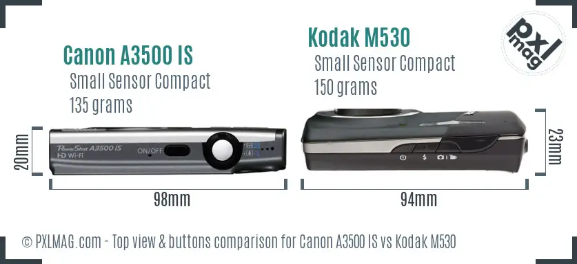 Canon A3500 IS vs Kodak M530 top view buttons comparison