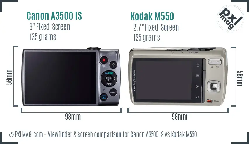 Canon A3500 IS vs Kodak M550 Screen and Viewfinder comparison