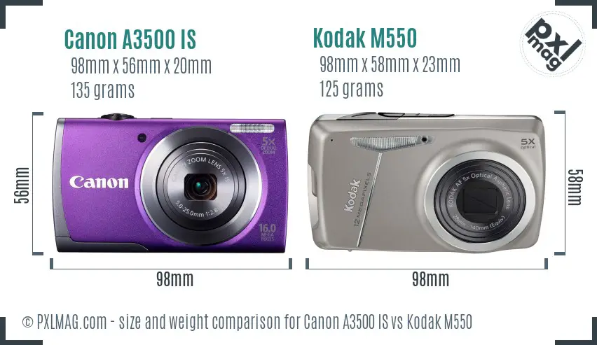 Canon A3500 IS vs Kodak M550 size comparison