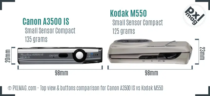 Canon A3500 IS vs Kodak M550 top view buttons comparison