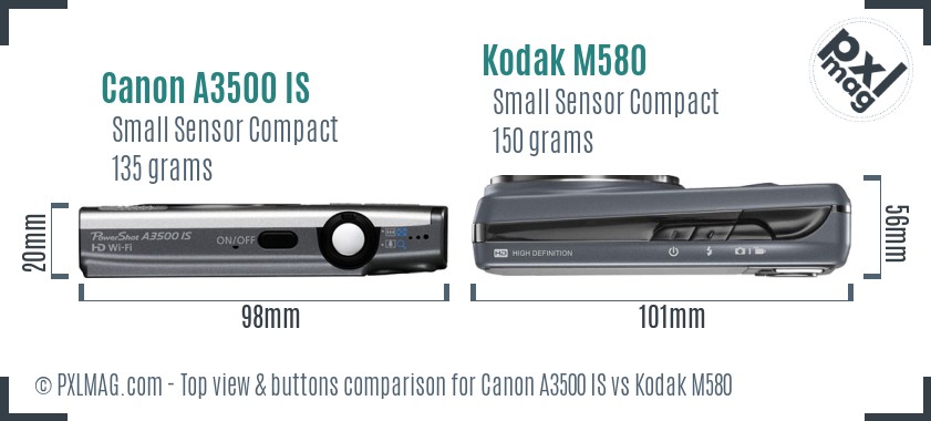 Canon A3500 IS vs Kodak M580 top view buttons comparison