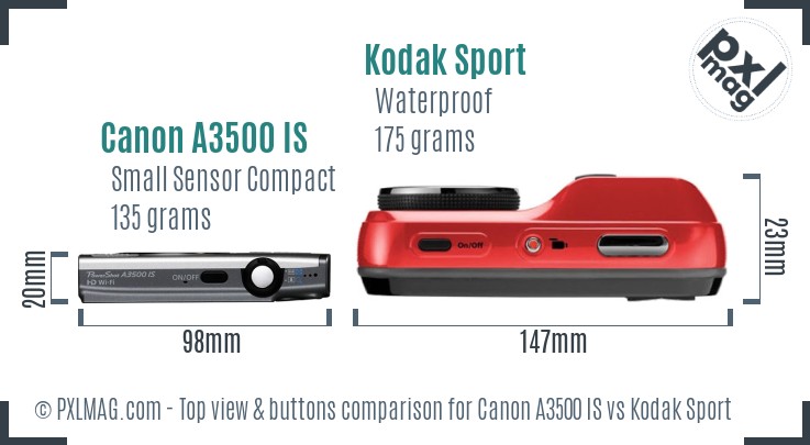 Canon A3500 IS vs Kodak Sport top view buttons comparison