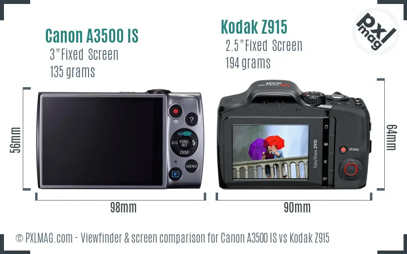 Canon A3500 IS vs Kodak Z915 Screen and Viewfinder comparison