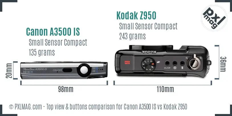 Canon A3500 IS vs Kodak Z950 top view buttons comparison