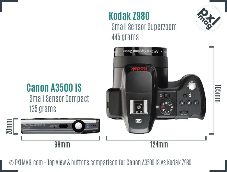 Canon A3500 IS vs Kodak Z980 top view buttons comparison