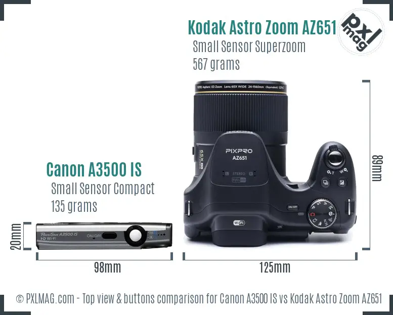 Canon A3500 IS vs Kodak Astro Zoom AZ651 top view buttons comparison