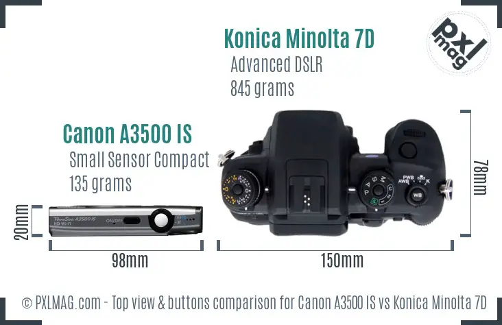 Canon A3500 IS vs Konica Minolta 7D top view buttons comparison