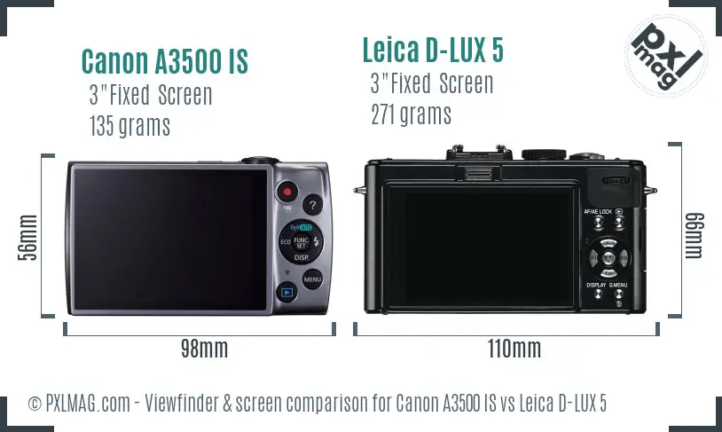 Canon A3500 IS vs Leica D-LUX 5 Screen and Viewfinder comparison Canon A3500 IS vs Leica D-LUX 5 Screen and Viewfinder comparison