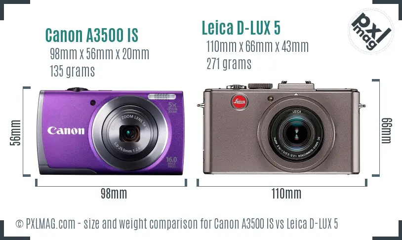 Canon A3500 IS vs Leica D-LUX 5 size comparison Canon A3500 IS vs Leica D-LUX 5 size comparison