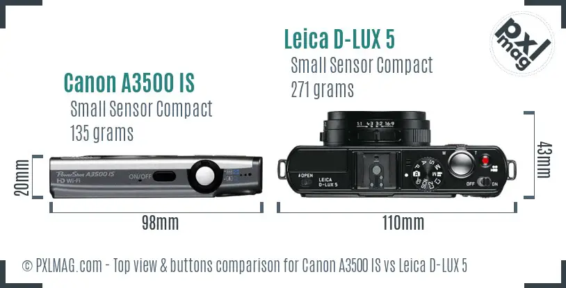 Canon A3500 IS vs Leica D-LUX 5 top view buttons comparison Canon A3500 IS vs Leica D-LUX 5 top view buttons comparison