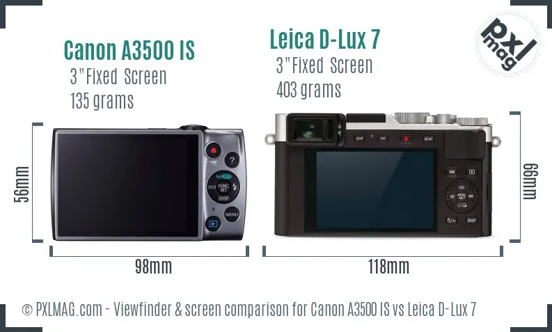 Canon A3500 IS vs Leica D-Lux 7 Screen and Viewfinder comparison
