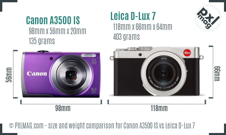 Canon A3500 IS vs Leica D-Lux 7 size comparison