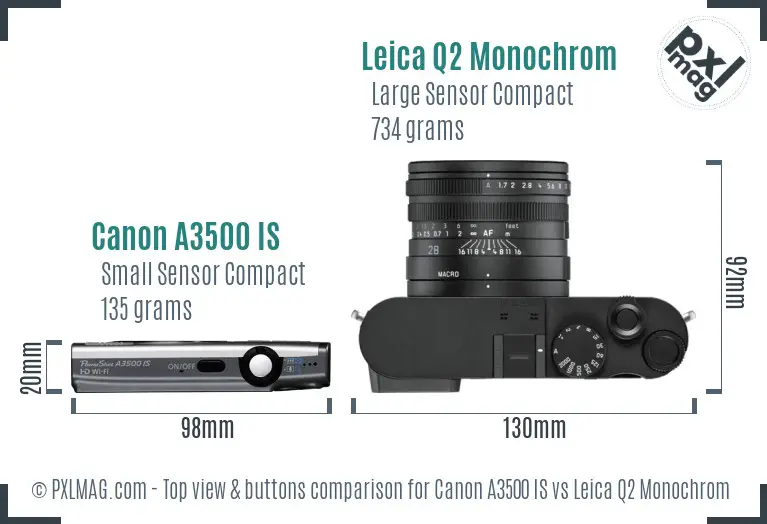 Canon A3500 IS vs Leica Q2 Monochrom top view buttons comparison