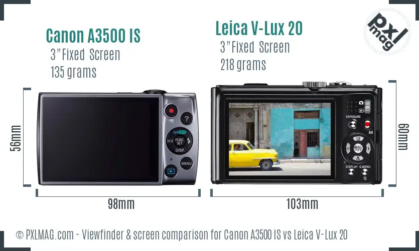 Canon A3500 IS vs Leica V-Lux 20 Screen and Viewfinder comparison
