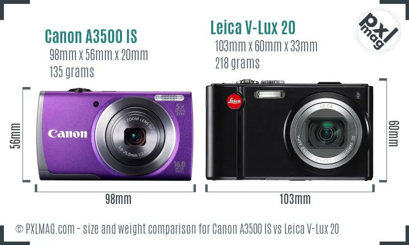 Canon A3500 IS vs Leica V-Lux 20 size comparison