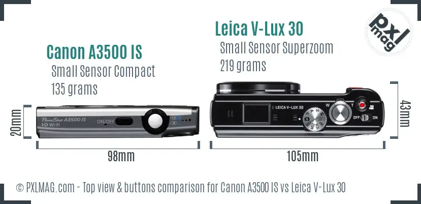 Canon A3500 IS vs Leica V-Lux 30 top view buttons comparison