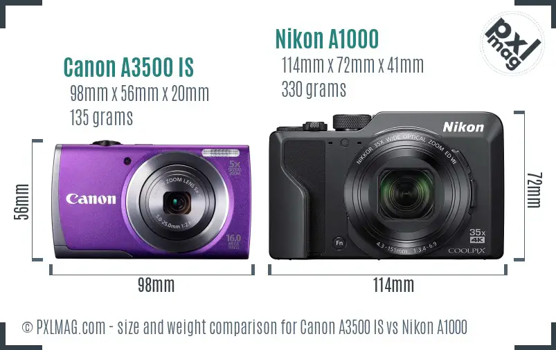 Canon A3500 IS vs Nikon A1000 size comparison