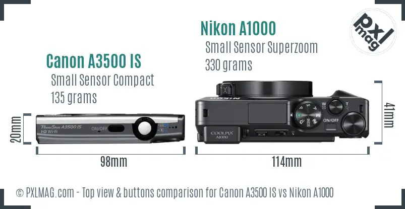 Canon A3500 IS vs Nikon A1000 top view buttons comparison