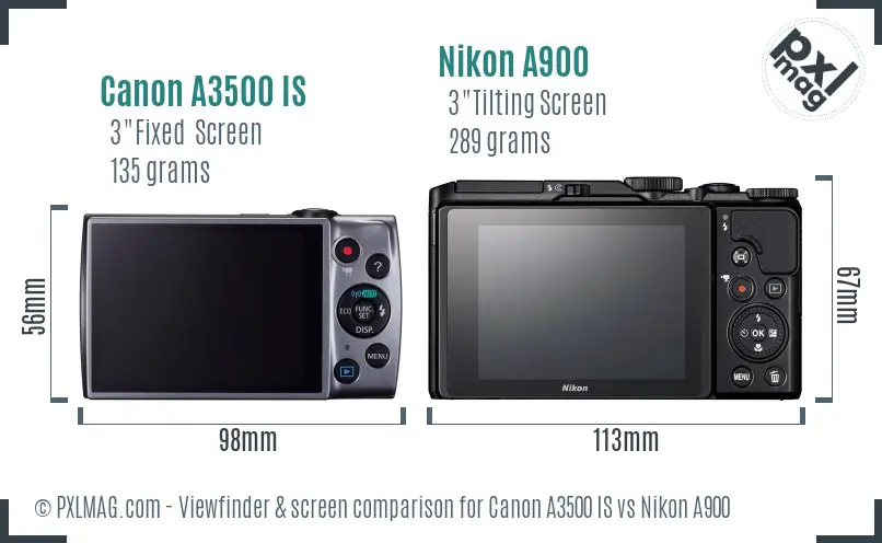 Canon A3500 IS vs Nikon A900 Screen and Viewfinder comparison
