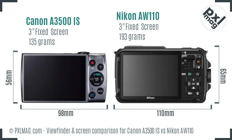 Canon A3500 IS vs Nikon AW110 Screen and Viewfinder comparison