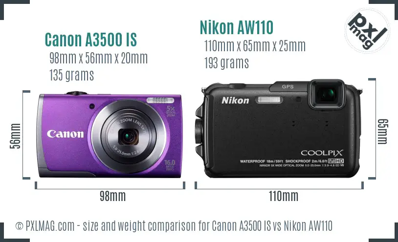 Canon A3500 IS vs Nikon AW110 size comparison