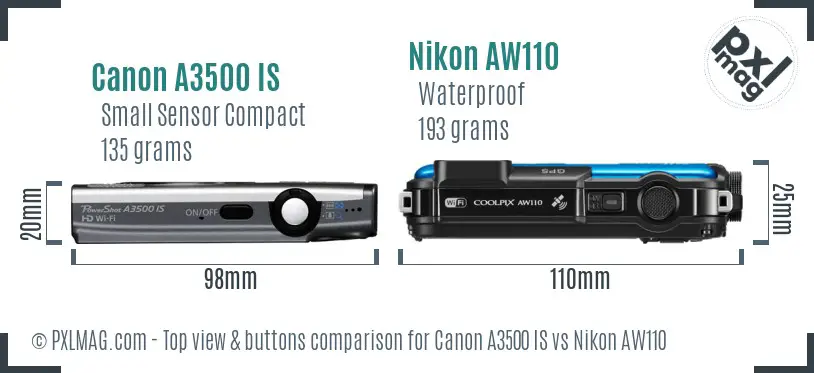 Canon A3500 IS vs Nikon AW110 top view buttons comparison