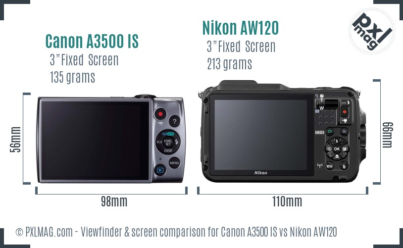 Canon A3500 IS vs Nikon AW120 Screen and Viewfinder comparison