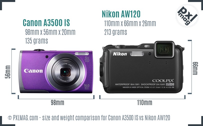 Canon A3500 IS vs Nikon AW120 size comparison