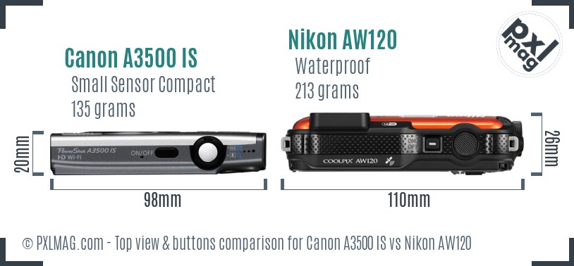 Canon A3500 IS vs Nikon AW120 top view buttons comparison