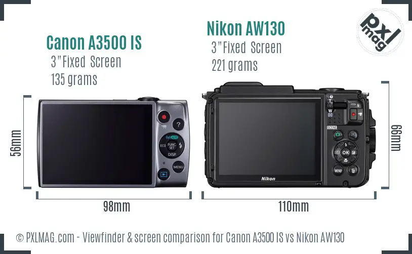 Canon A3500 IS vs Nikon AW130 Screen and Viewfinder comparison