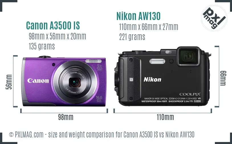 Canon A3500 IS vs Nikon AW130 size comparison