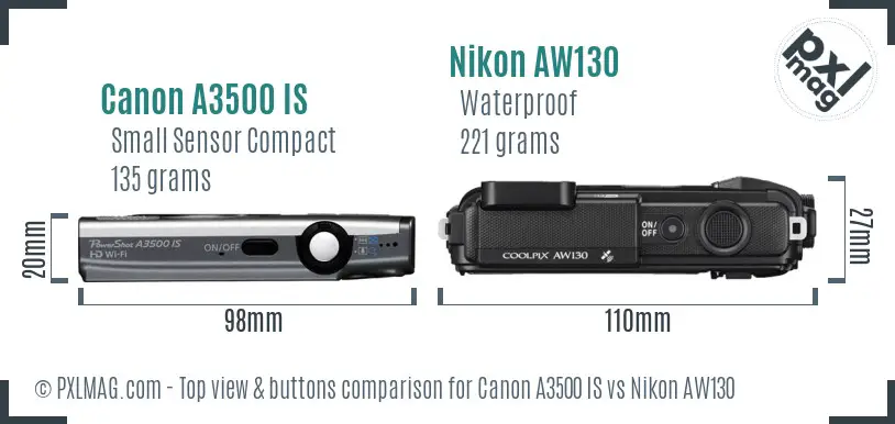 Canon A3500 IS vs Nikon AW130 top view buttons comparison