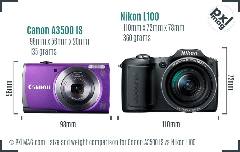 Canon A3500 IS vs Nikon L100 size comparison
