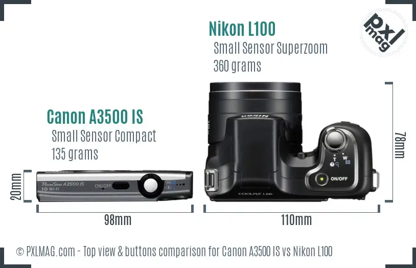 Canon A3500 IS vs Nikon L100 top view buttons comparison