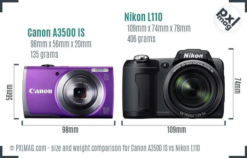 Canon A3500 IS vs Nikon L110 size comparison