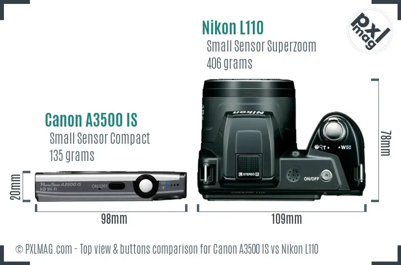 Canon A3500 IS vs Nikon L110 top view buttons comparison