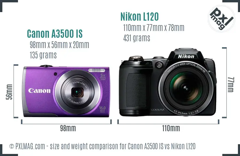 Canon A3500 IS vs Nikon L120 size comparison