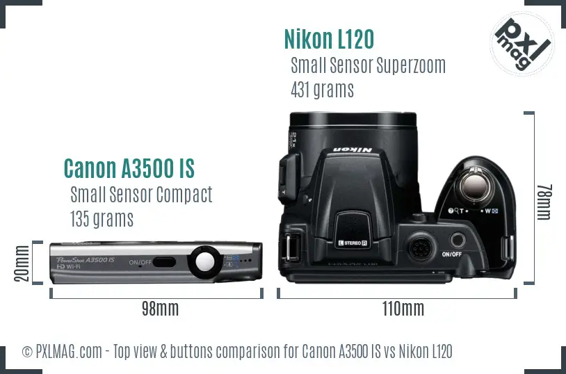 Canon A3500 IS vs Nikon L120 top view buttons comparison