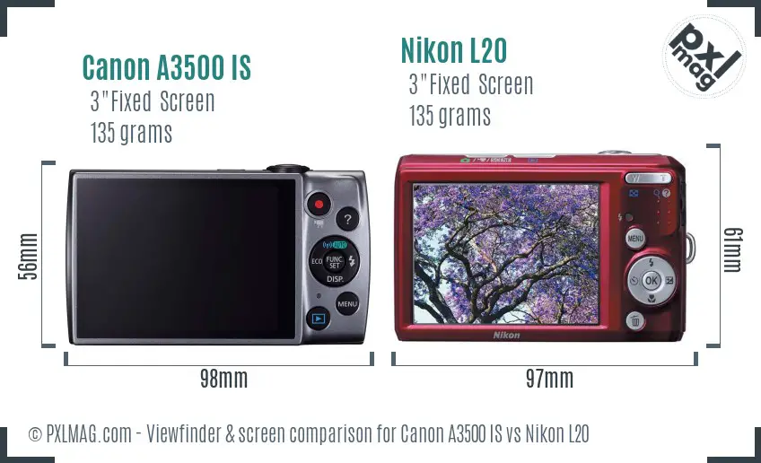 Canon A3500 IS vs Nikon L20 Screen and Viewfinder comparison