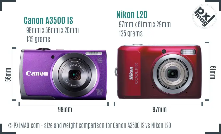 Canon A3500 IS vs Nikon L20 size comparison