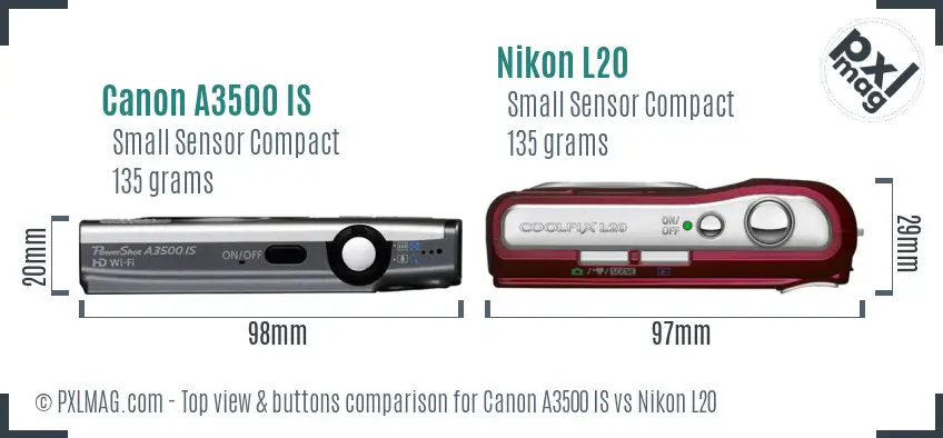 Canon A3500 IS vs Nikon L20 top view buttons comparison