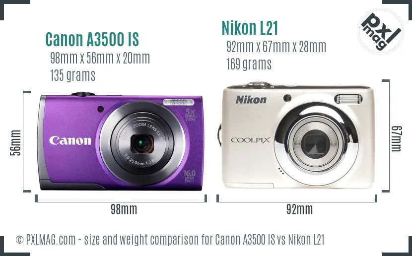 Canon A3500 IS vs Nikon L21 size comparison