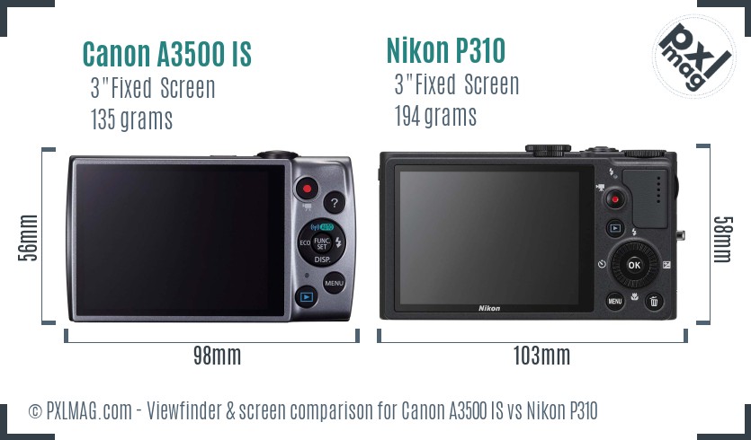 Canon A3500 IS vs Nikon P310 Screen and Viewfinder comparison