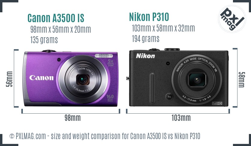 Canon A3500 IS vs Nikon P310 size comparison