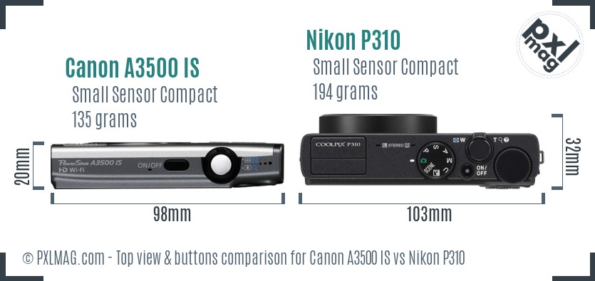 Canon A3500 IS vs Nikon P310 top view buttons comparison