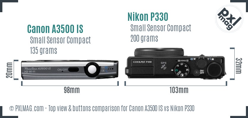 Canon A3500 IS vs Nikon P330 top view buttons comparison