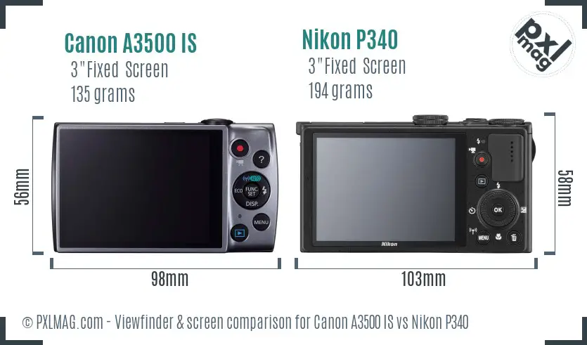 Canon A3500 IS vs Nikon P340 Screen and Viewfinder comparison