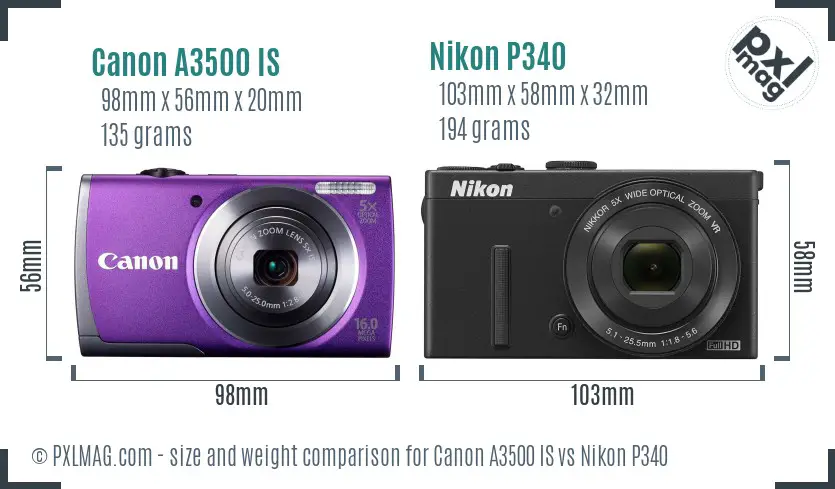 Canon A3500 IS vs Nikon P340 size comparison