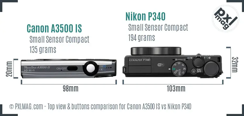 Canon A3500 IS vs Nikon P340 top view buttons comparison