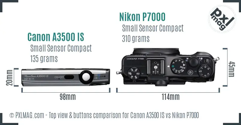 Canon A3500 IS vs Nikon P7000 top view buttons comparison